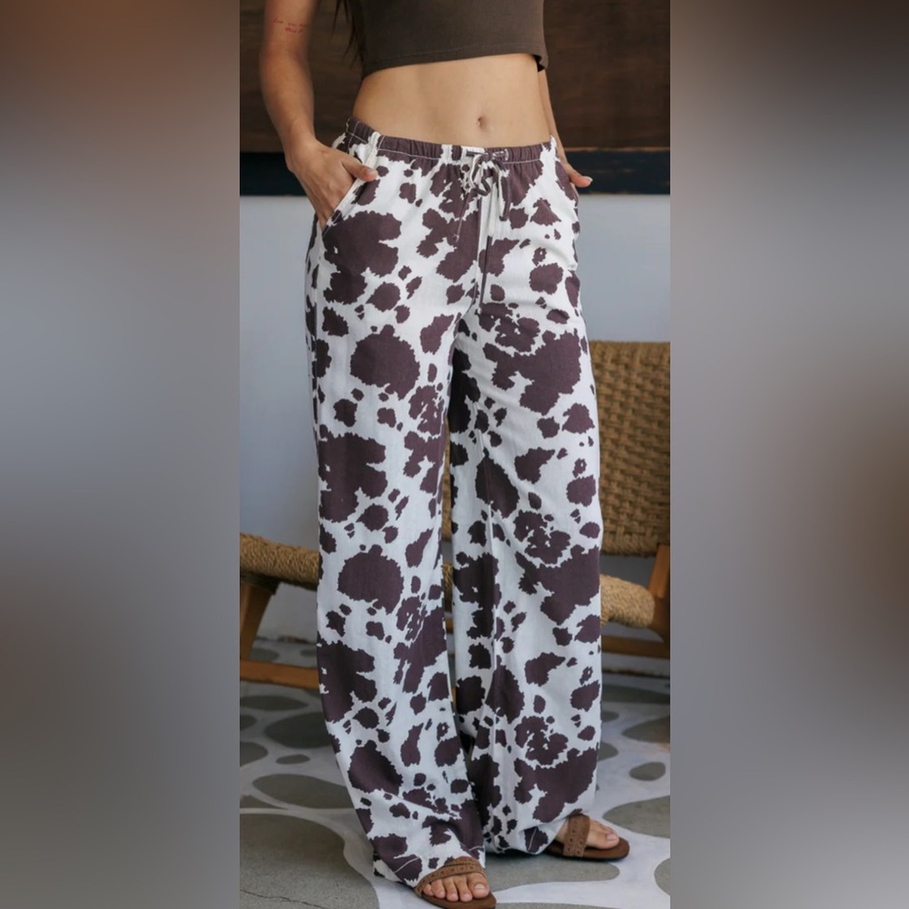 Cali 1850 Printed Linen Pull On Wide Leg Pants - Cow - Picture 4 of 8